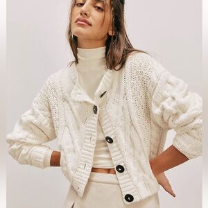 Free People Cream Cable-Knit Button Cardigan